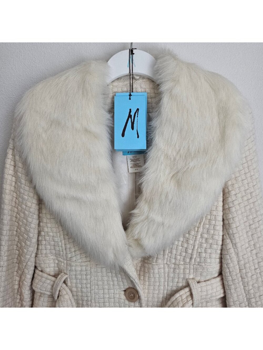 Marciano Cream Wool Blend Belted Coat Faux Fur Collar M - Picture 4 of 13